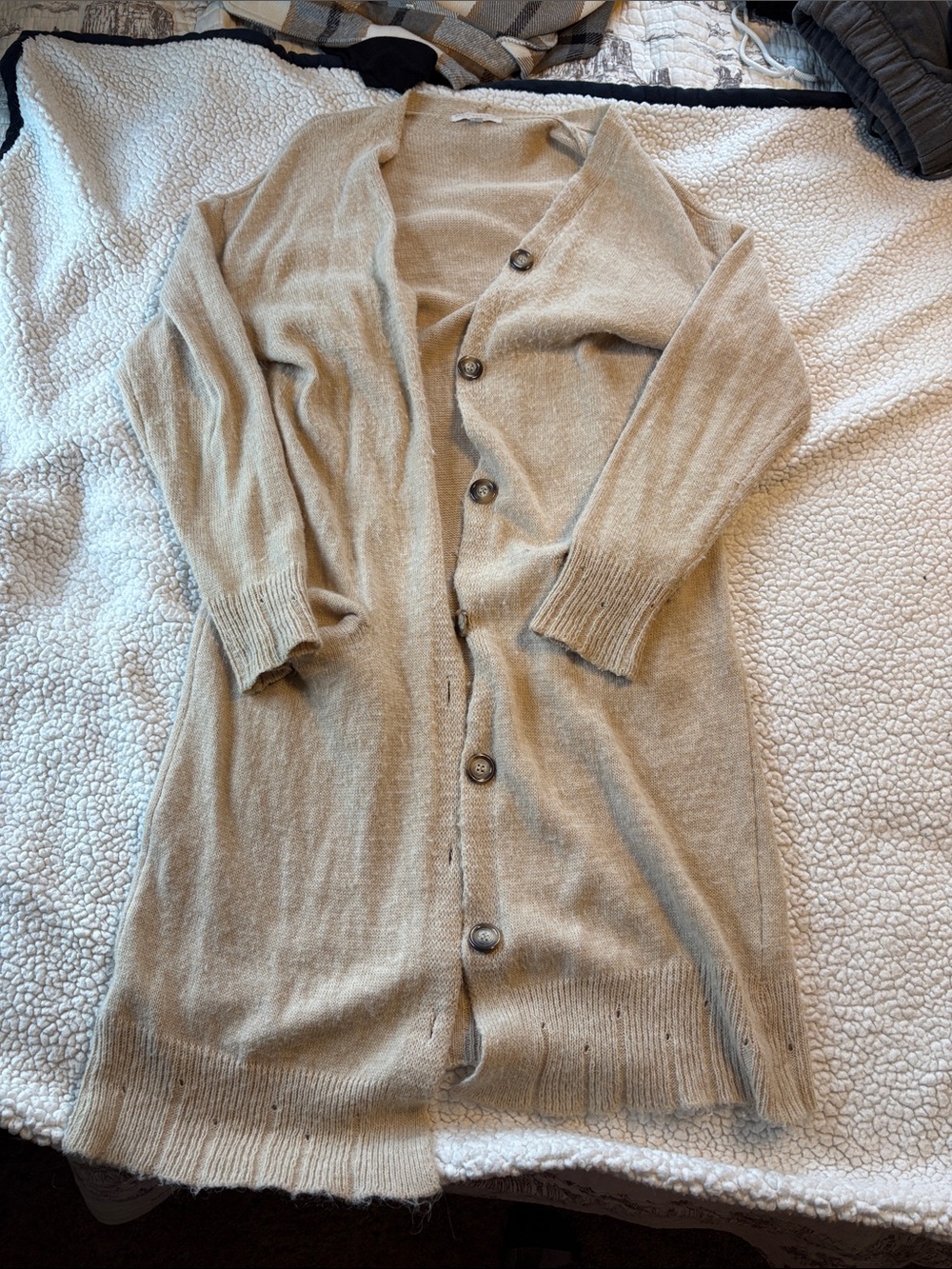 Long Open-Front Button Cardigan Sweater - Cream
